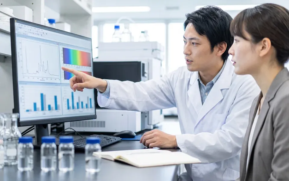 分析データをもとに結果を説明する研究者